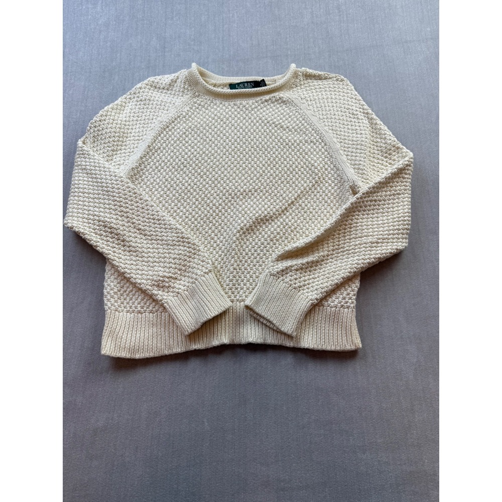 Lauren Ralph Lauren Cream Textured Knit Raglan Crewneck Sweater Womens Medium